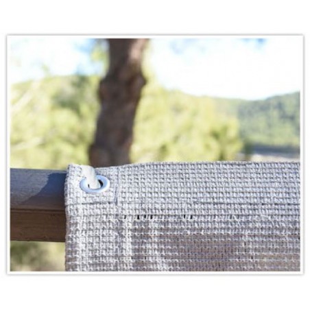 Beige balcony netting, 0.9 x 5 m, 100% privacy. Includes rope and eyelets.