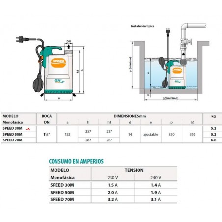 Bomba submersível para águas sujas, modelo Speed 30, acionamento de 1 1/4", vazão 9.6-1.2m3/H potência 0,33 hp