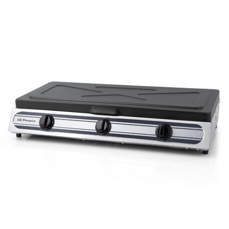 Fornello a gas Orbegozo FO3510, corpo in acciaio inox, 3 fuochi, uso interno ed esterno, gas butano o propano