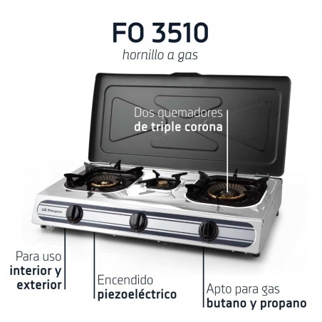 Fornello a gas Orbegozo FO3510, corpo in acciaio inox, 3 fuochi, uso interno ed esterno, gas butano o propano