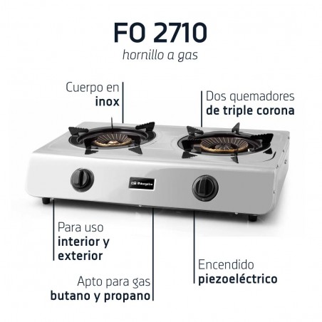 Fogão a gás Orbegozo, gás butano ou propano, corpo em aço inoxidável, 2 queimadores de coroa tripla, ignição piezoelétrica