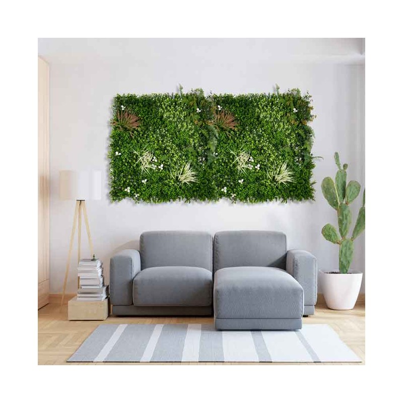 Mur Végétal Artificiel Brise-Vue Verdissement Balcon Clôture de Jardin, avec Treillis, Feuilles de Jungle, 100 x 100 cm