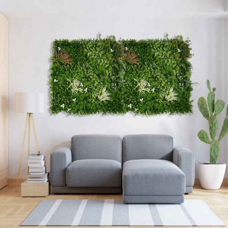 Mur Végétal Artificiel Brise-Vue Verdissement Balcon Clôture de Jardin, avec Treillis, Feuilles de Jungle, 100 x 100 cm