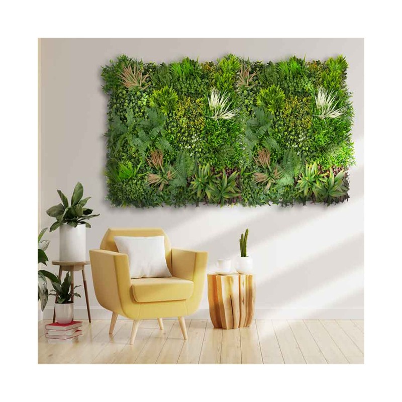 Mur Végétal Artificiel Brise-Vue Verdissement Balcon Clôture de Jardin, avec Treillis, Feuilles de Madagascar, 100 x 100 cm