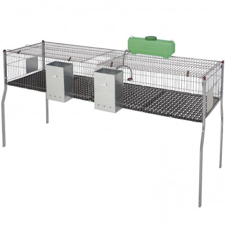 Gaiola para coelhos com 2 compartimentos e piso de plástico, 200 x 62 x 99 cm, equipada com comedouros e bebedouros
