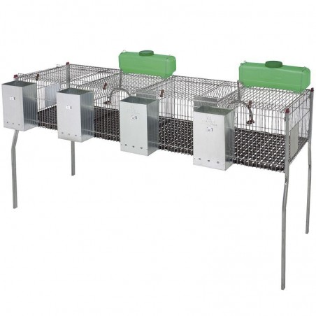 Rabbit cage with 4 compartments and plastic floor, 200 x 62 x 99 cm, equipped with hoppers and waterers