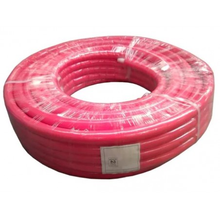 16 mm rotes Mehrschicht-Sanitärrohr mit Isolierung. 50-Meter-Rolle. 2 mm dick. Druck 10 bar. Hitzebeständig bis 95 °C.