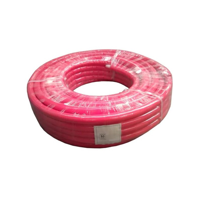 16mm red multilayer plumbing pipe with insulation. 50-meter coil. 2mm thick. Pressure 10 bar. Heat-resistant up to 95°C.