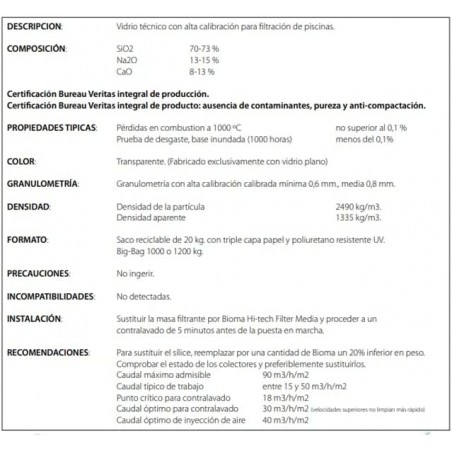 Recyceltes technisches Glas speziell für Filtersysteme in Pools entwickelt. Eine einzige Körnung für das gesamte Filterbett. Kei