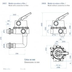 Válvula seletora de parafuso de 2 1/2" com conexão ao filtro e outras tubulações provenientes da piscina. Opção 3.