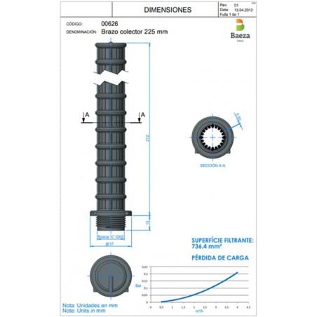 12 x Bras collecteur 1'' pour piscines de 160 mm. Calibre de fente 0,3 mm