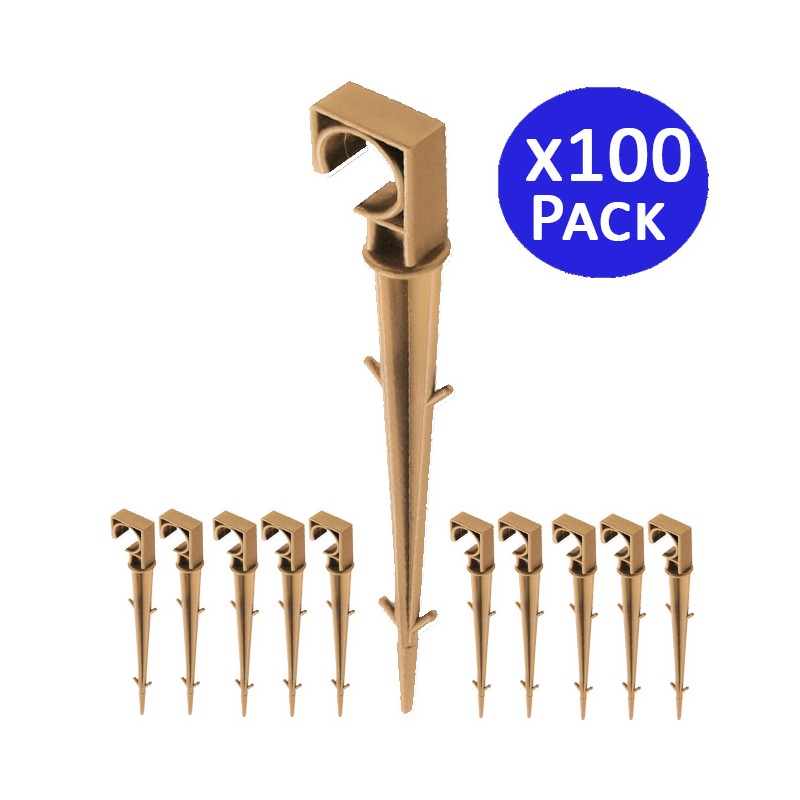 Pack of 100 x 16mm brown drip tube holder stakes