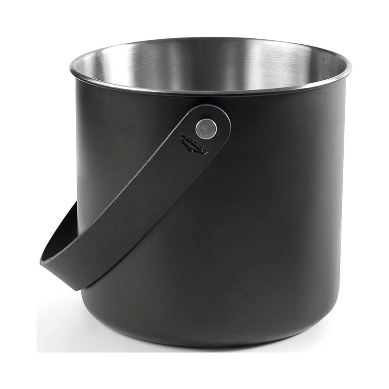 Balde de gelo de aço inoxidável preto Moon - 5,6 L - Alças de couro - Design elegante Balde de gelo de aço inoxidável preto Moon - 5,6 L - Alças de couro - Design elegante