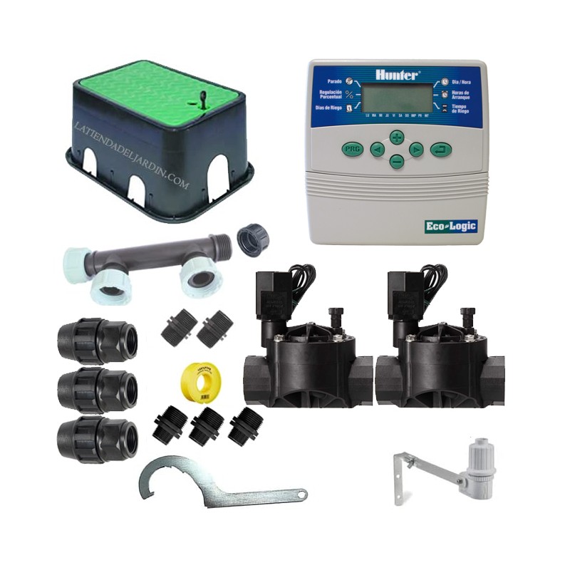 Kit di irrigazione automatico Hunter 24V a 2 zone per tubi da 20 mm | Include programmatore, elettrovalvole e accessori