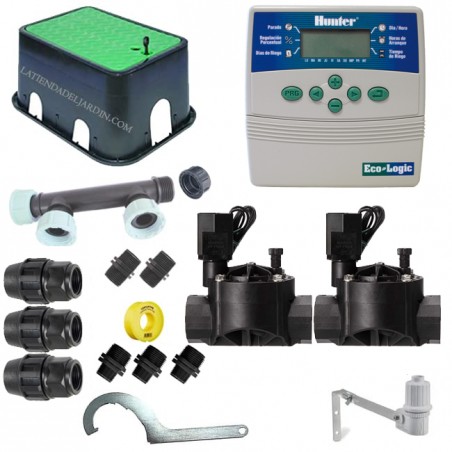 Kit di irrigazione automatico Hunter 24V a 2 zone per tubi da 20 mm | Include programmatore, elettrovalvole e accessori