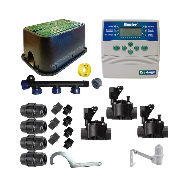 Kit de irrigação automática Hunter de 3 zonas e 24 V para tubo de 20 mm Kit de irrigação automática Hunter de 3 zonas e 24 V para tubo de 20 mm