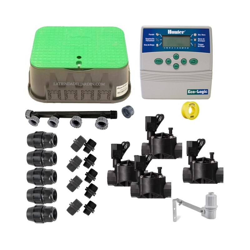 Kit profesional riego automático Hunter de 4 zonas 24v para tuberia 25mm