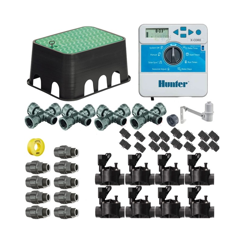 Kit profesional riego automático Hunter-Rain Bird de 8 zonas 24v para tuberia 25mm