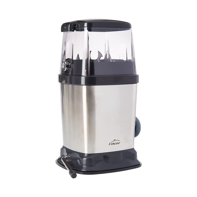 Triturador de gelo manual com lâminas de aço inoxidável.