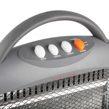 Stufa alogena oscillante. Tre livelli di potenza: 400 W-800 W-1200 W. Completamente silenziosa. Emissione istantanea di calore.