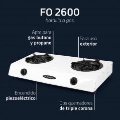 Réchaud à gaz butane ou propane Orbegozo FO2600, allumage piézoélectrique, 2 brûleurs