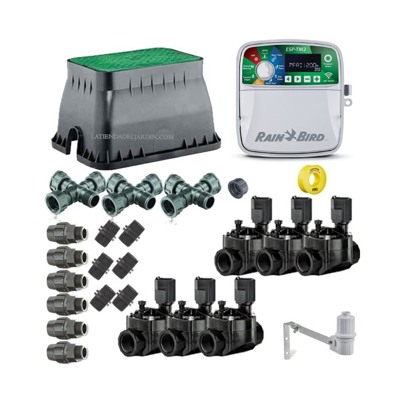 Kit profesional riego automático Rain Bird de 6 zonas 24v para tuberia 32mm