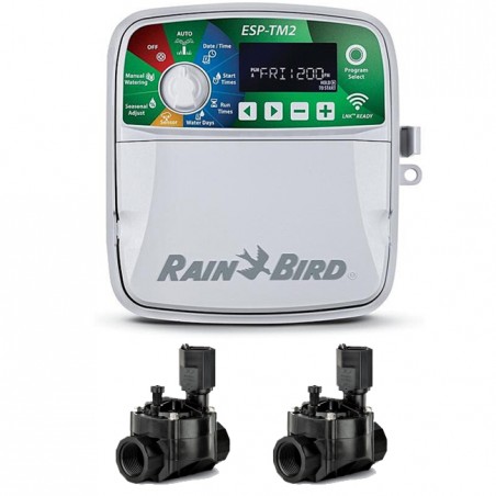 Programador de Riego automático Eléctrico ESP-TM2 4 zonas Interior Rain Bird + 2 Electroválvulas 100HV 24V 1"