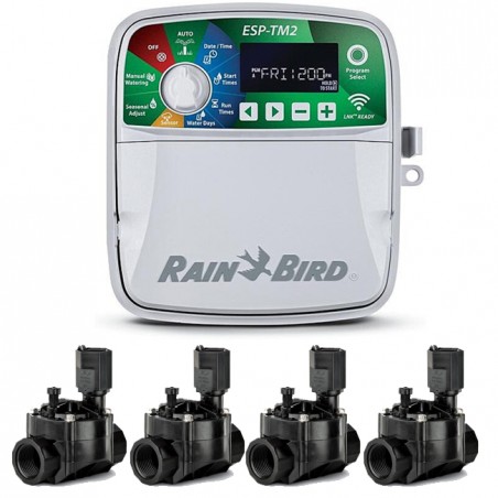 Programador de Riego automático Eléctrico ESP-TM2 4 zonas Interior Rain Bird + 4 Electroválvulas 100HV 24V 1"