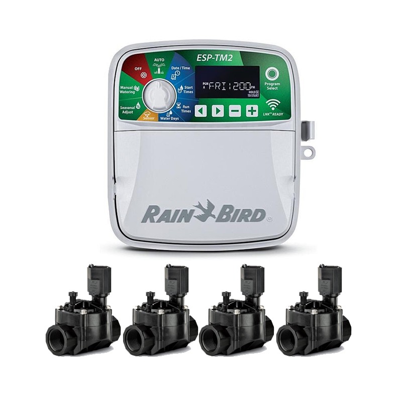 Rain Bird ESP-TM2 4-Zone Indoor Automatic Electric Irrigation Controller + 4 100HV 24V 1" Solenoid Valves