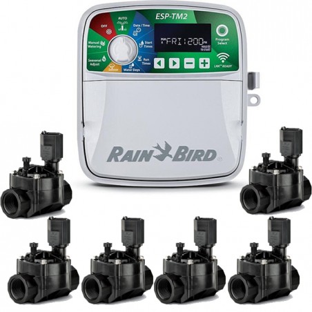 Rain Bird ESP-TM2 6-Zone Indoor Automatic Electric Irrigation Controller + 6 100HV 24V 1" Solenoid Valves