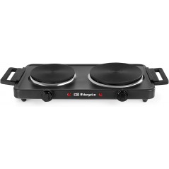  Doppelte Elektroplatte von Orbegozo.  Leistung: 1 x 1.000 W + 1 x 1.500 W.  155mm und 185mm Durchmesser.