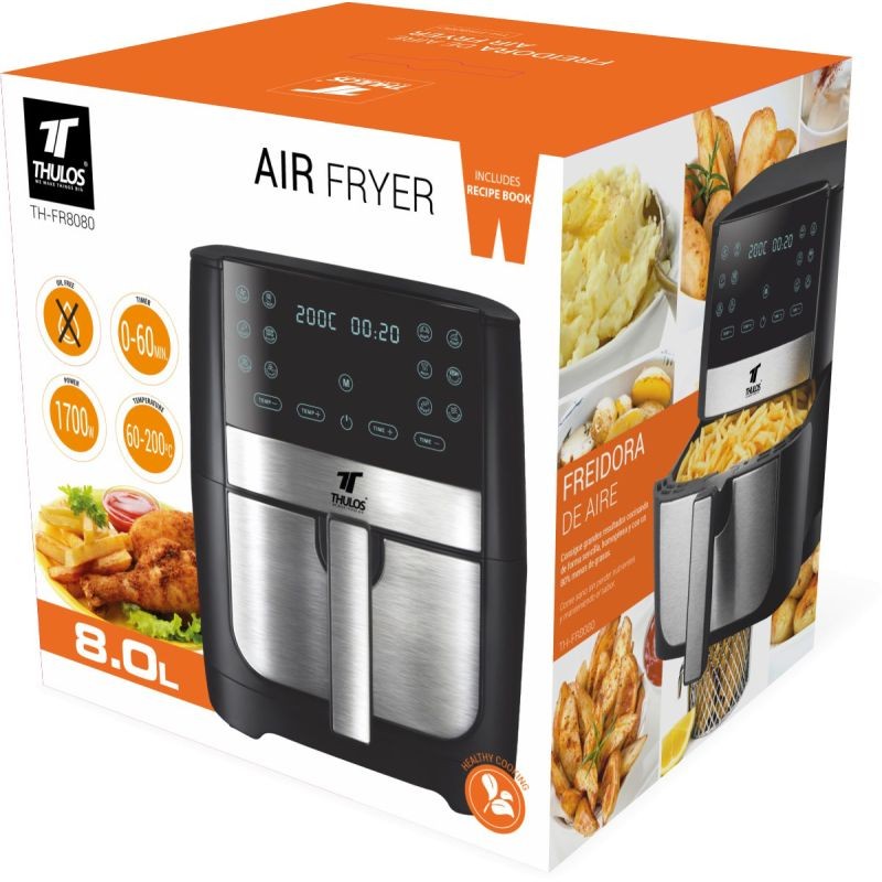 FR8080 1700W Air Fryer, 12 programs, 8-liter capacity. Adjustable temperature from 60 to 200°C.