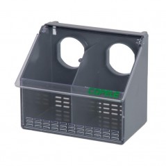Plastic pigeon feeder with 2 compartments. Dimensions: 17.5 x 11 x 14.5 cm.