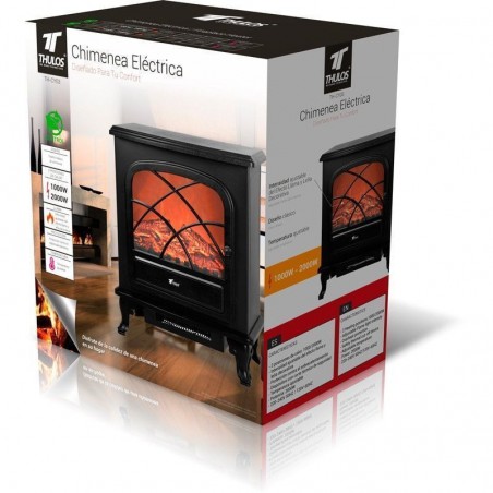 Chimenea electrica con 2 niveles de temperatura 1000W y 2000W con efecto llama y leña, 55x32x59 cm, negro