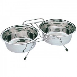 Double dog cat feeder and waterer with stand ø21 cm. 44 x 22.5 x 8 cm. Capacity 1.75 liters x 2 bowls
