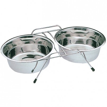 Mangiatoia e abbeveratoio doppia per cani gatto con supporto ø21 cm. 44×22,5×8 cm. Capacità 1,75 litri x 2 ciotole