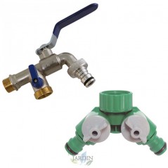Grifo Jardin con Doble salida Hembra 3/4", Salida 2 vías Macho + Bifurcador 2 salidas metal