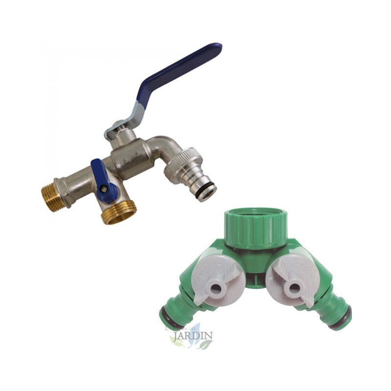 Garden Faucet with Double 3/4" female outlet, 2-way male outlet + 2-outlet metal splitter Garden Faucet with Double 3/4" female outlet, 2-way male outlet + 2-outlet metal splitter