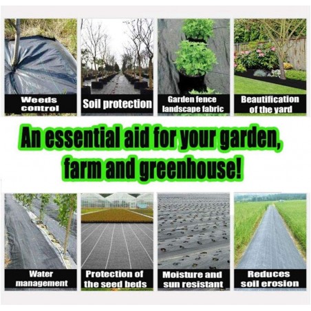 Black weed control mesh, 2 x 100 m, 130 g/m2, breathable, water-permeable geotextile mesh. Weed protection.