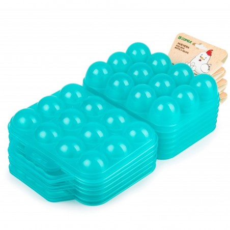 Pack of 12 plastic egg cups with handles, turquoise, dimensions 19.5 x 18 x 7 cm
