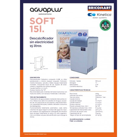Descalcificador hidráulico compacto capacidad de 15 litros, capacidad máxima 6 personas o 2 baños, Medidas 60x35x52cm