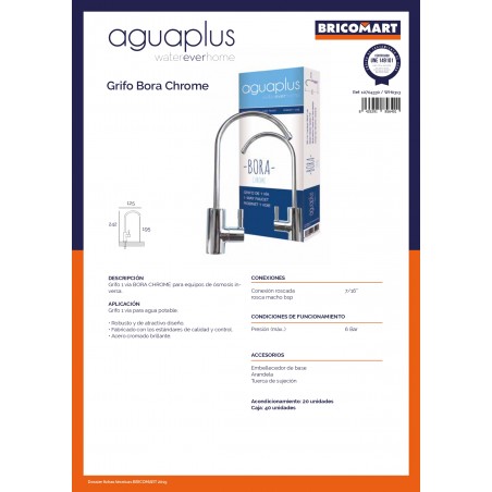 Grifo 1 vía para equipos de ósmosis inversa, conexión rosca macho 7/16", presión máxima 6 bares, fabricado en acero cromado