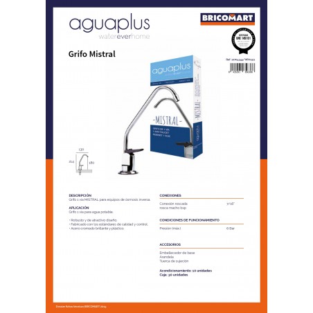 Grifo 1 vía para equipos de ósmosis inversa, conexión rosca hembra 7/16", presión máxima 6 bares, fabricado en acero cromado