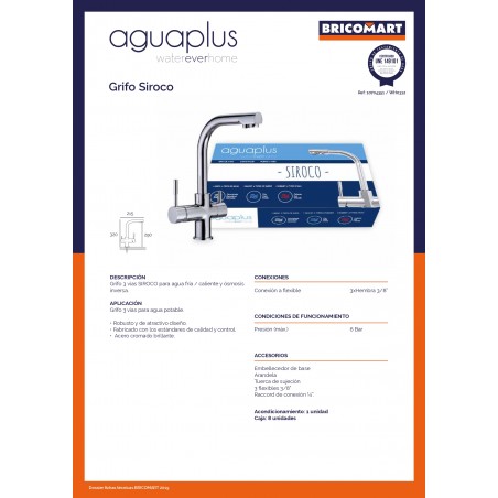 Grifo 3 vía para agua fría/caliente equipos de ósmosis inversa, conexión rosca hembra 3/8", presión máxima 6 bares