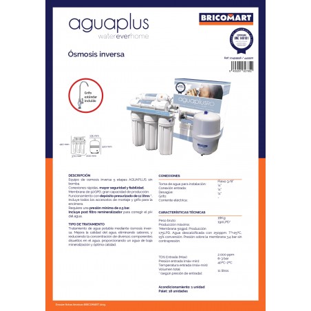 Sistema di osmosi inversa a 5 stadi senza pompa, attacco filettato maschio da 1/4", pressione minima 2,5 bar