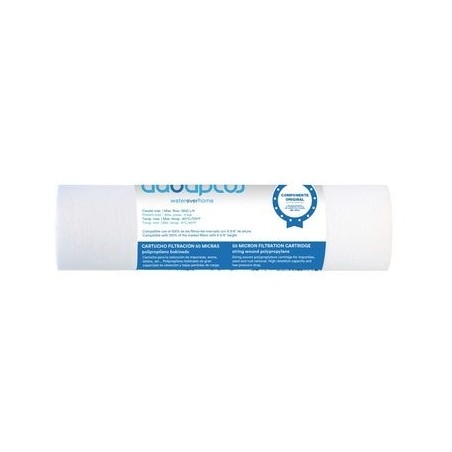 Filtro de sedimentos de polipropileno de 5 mícrons, vazão máxima de 1.900 l/h. Pressão máxima de 6 bar.