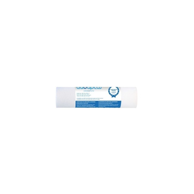 Filtro de sedimentos de polipropileno de 5 mícrons, vazão máxima de 1.900 l/h. Pressão máxima de 6 bar.