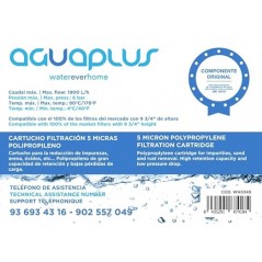 Filtro para sedimentos 5 micras polipropileno, caudal máximo 1.900 l/h. Presión máxima 6 bares