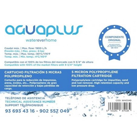 Filtro per sedimenti in polipropilene da 5 micron, portata massima 1.900 l/h. Pressione massima 6 bar.