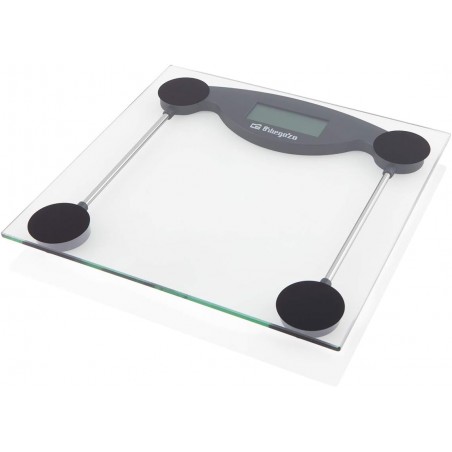 Bilancia pesapersone elettronica Orbegozo. Superficie in vetro temperato. Portata massima: 150 kg.